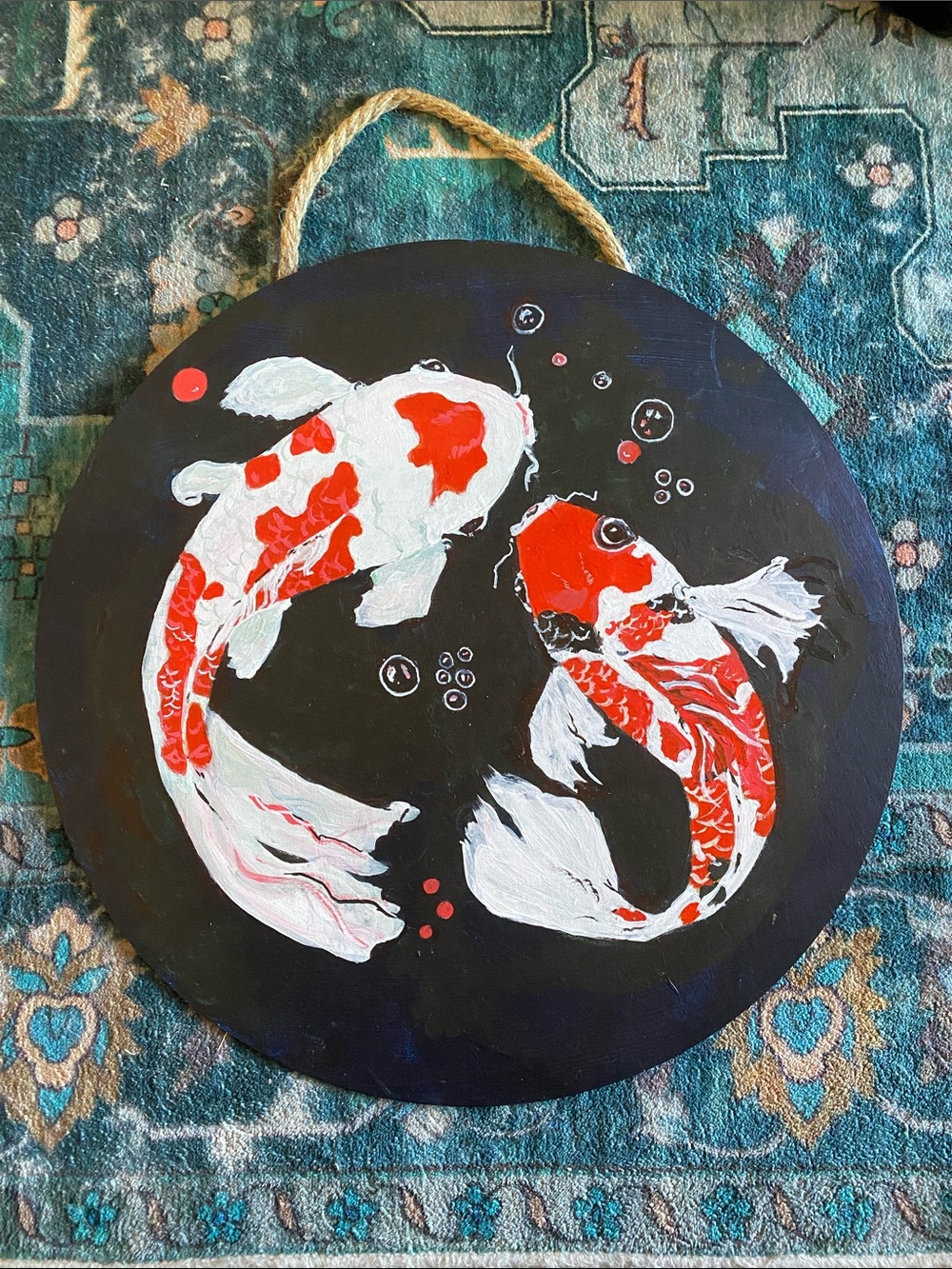 Hand-Painted Koi Fish Wall Hanging - original art